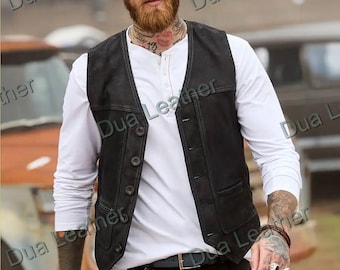 Men's Leather Vest Black Biker Motorcycle Waistcoat Genuine Leather Sleeveless Jacket
