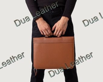 Brown Leather Briefcase Laptop Sleeve Men's Zip Portfolio Work Bag