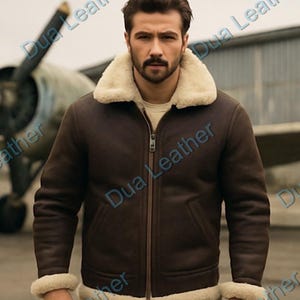 Men’s Shearling Leather Bomber Jacket | Brown Sheepskin Aviator Coat | Fur Lined Winter Jacket