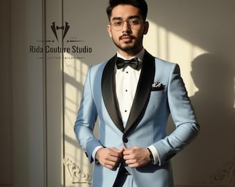 Sky Blue Tuxedo Suit: Elegant Slim-Fit 3-Piece Wedding Outfit