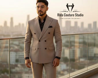 Beige Double-Breasted Suit: Tailored Slim Fit, Elegant Wedding Suit