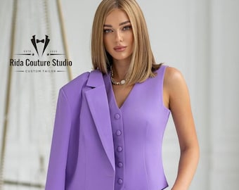 Traje de tres piezas color lavanda para mujer: Conjunto de blazer, chaleco y pantalón de lujo