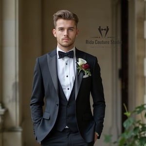 Traje de esmoquin negro a medida: esmoquin de tres piezas para novio de boda