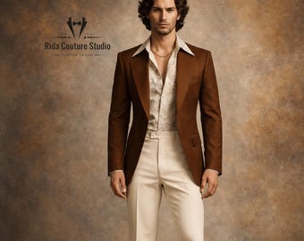Herren Braun Blazer Creme Schlaghose Retro Anzug - Maßgeschneidertes Hochzeits-Outfit