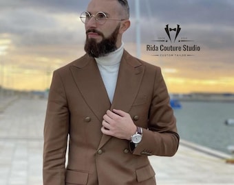 Brown Double-Breasted Suit: Custom Tailored, Slim Fit, Modern Gentleman