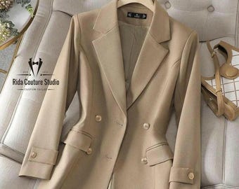 Beige Long Blazer Coat for Women | Double-Breasted Tailored Jacket