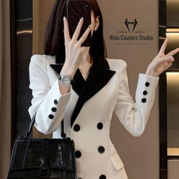 Black & White Blazer Dress: Double Breasted Tuxedo Style