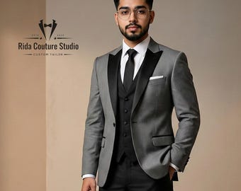 Grey & Black Tuxedo Suit | Custom Tailored 3 Piece Wedding Outfit
