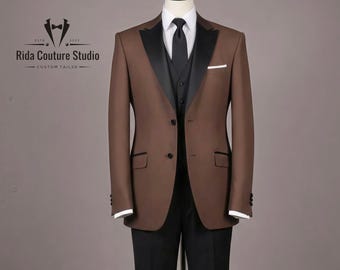 Brown Tuxedo Suit for Men | Satin Peak Lapel Groom Wedding | Custom Tailored 3-Piece Set