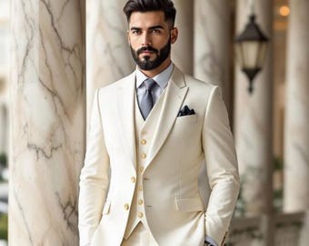Traje de boda de 3 piezas color marfil para hombre / Esmoquin de novio a medida