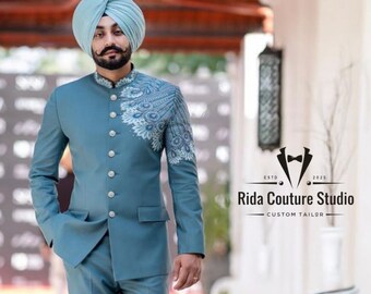 Teal Blue Indo-Western Suit, Intricate Embroidery, Wedding Festive Occasion