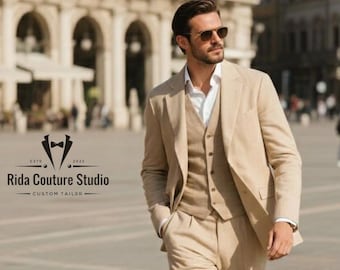 Elegant Beige Three-Piece Suit, Modern Tailored Fit