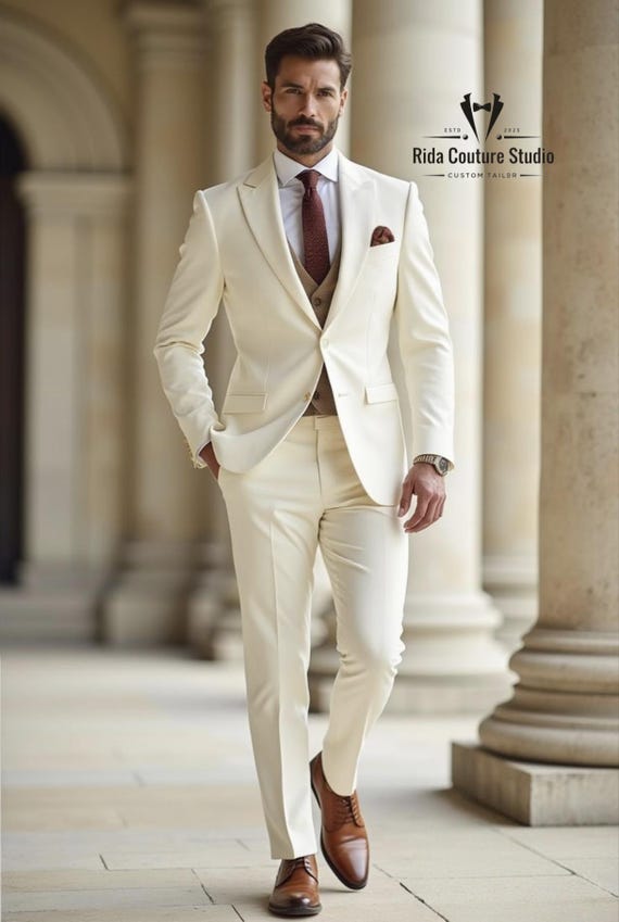 ivory dress pants men's Cream Suit: Custom Tailored 3-piece Wedding Groom Outfit navy blue and burgundy wedding
