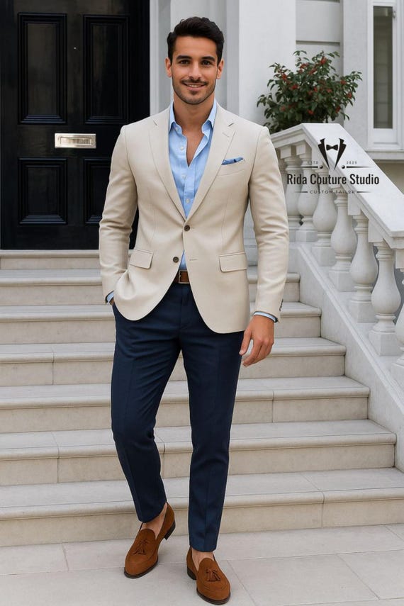 A Navy Blue Blazer Beige Trousers Navy Blazer With Beige Dress Pants  Outfits For Men (355