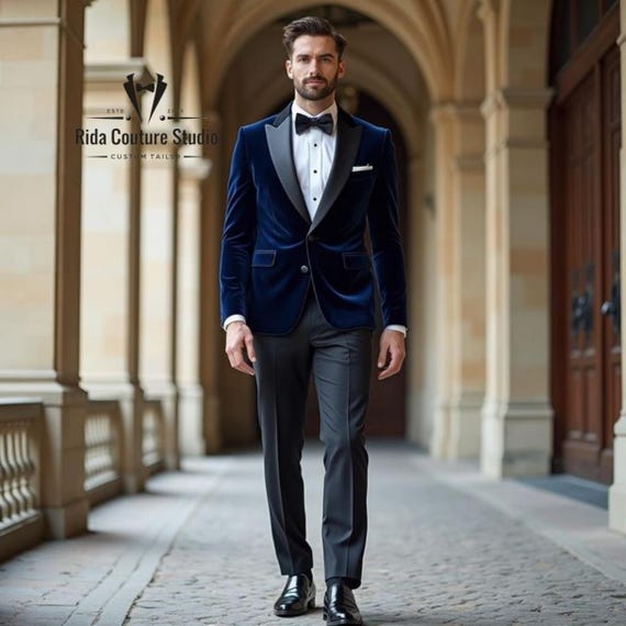 Royal Blue Velvet Tuxedo: Black Satin Lapel Two-piece Suit