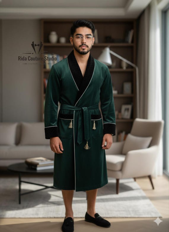 luxary bottle green dressing gown mens Green Velvet Men's Robe: Quilted Lapel & Tassel Details