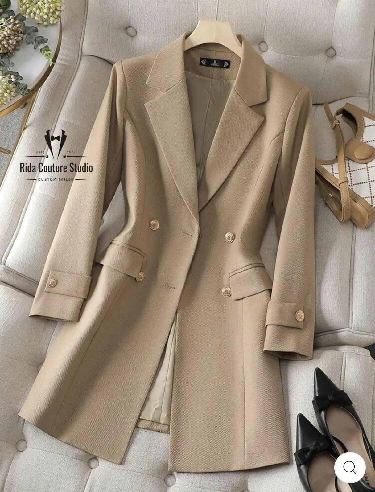 ジャケット・アウター Double Breasted Twill Long Blazer Beige Long Blazer Coat for Women | Double-breasted Tailored Jacket