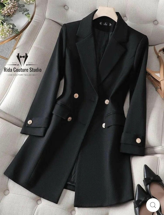 ジャケット・アウター Double Breasted Twill Long Blazer Black Long Blazer Coat Women | Double-breasted Tailored Jacket