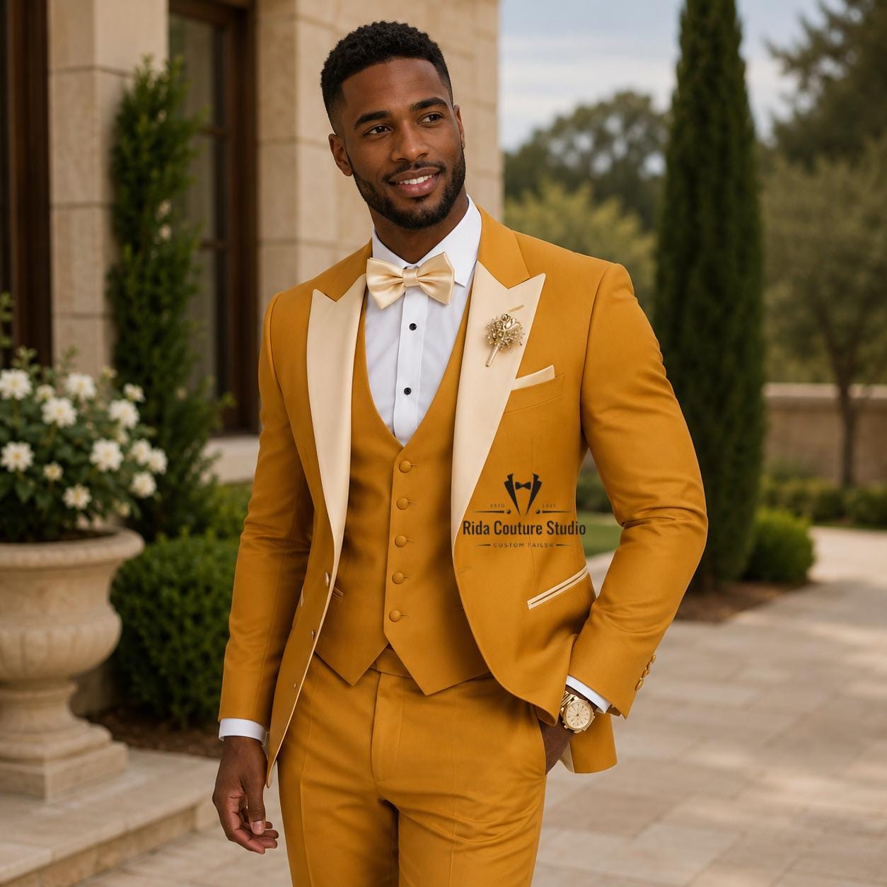 yellow dress grey tux Cross Back Mermaid Long Gown with Attached Train yellow prom dress fg5712 main image 0