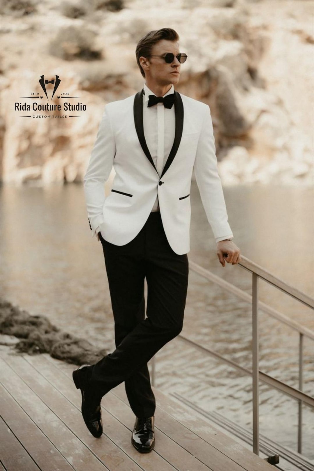 White Rida White Tuxedo Suit: Classic Black Lapel Wedding Tuxedo - Rida Couture ...