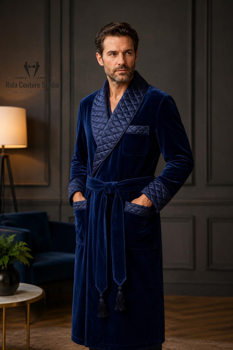 Mens Navy Velvet Robe Jacket, Luxury Smoking Robe for Men, Quilted ...