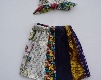 Girls skirt, Toddler Skirt, Wax Print and Denim Skirt, Girls Patchwork Skirt, Free matching Headband