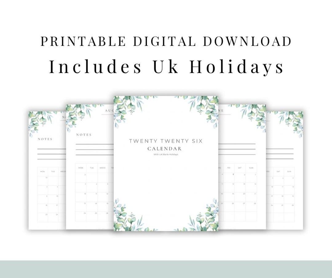 2026 Eucalyptus Printable Calendar – UK Holidays, A4 Printable (PDF) - Etsy