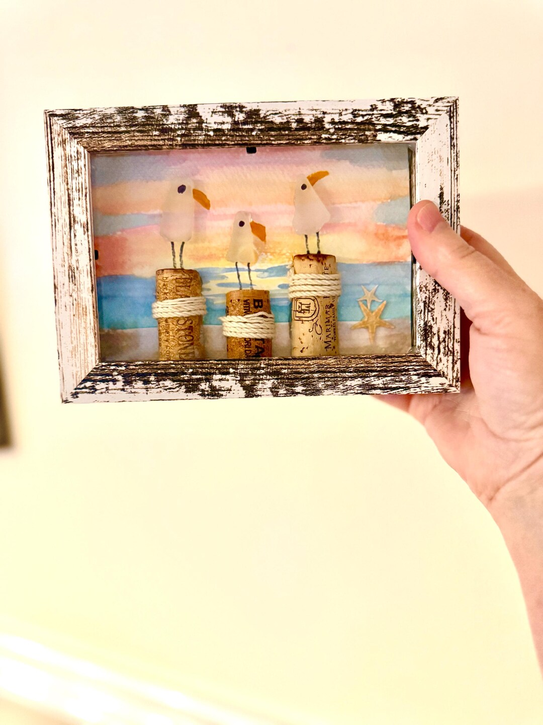 Coastal Shadowbox Art With Sea Glass Seagulls – Handmade Nautical Wall ...