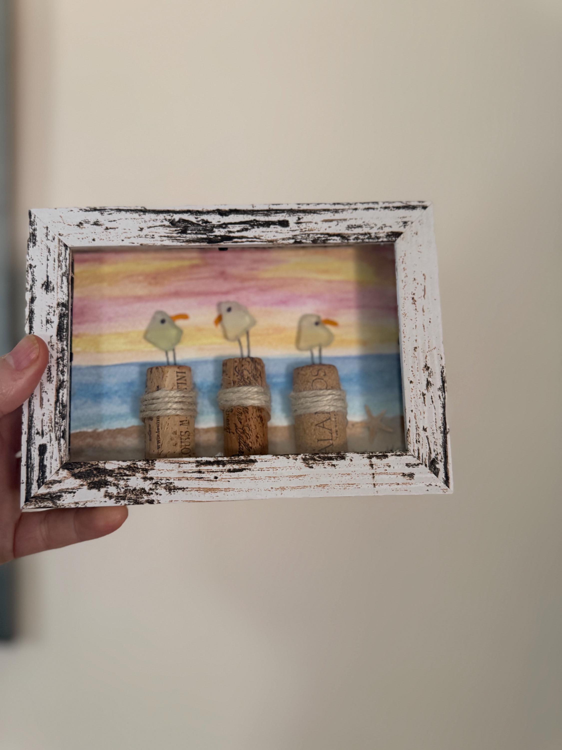 Coastal Shadowbox Art With Sea Glass Seagulls – Handmade Nautical Wall ...