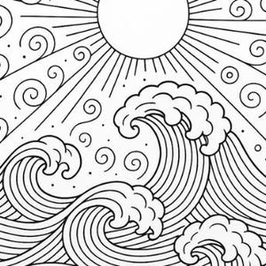 May include: Black and white line art illustration of a sun with radiating lines, stylized waves, and swirling patterns. The design evokes a sense of the ocean and sky, suitable for coloring or decorative purposes.