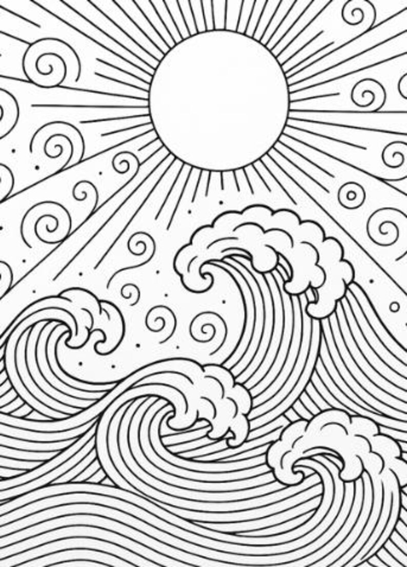 May include: Black and white line art illustration of a sun with radiating lines, stylized waves, and swirling patterns. The design evokes a sense of the ocean and sky, suitable for coloring or decorative purposes.