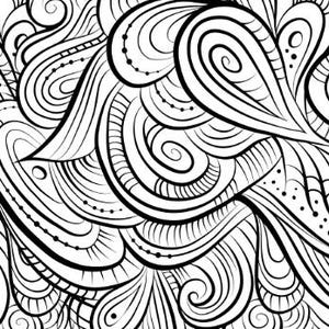 May include: Black and white abstract pattern with swirling lines and organic shapes. The design features a variety of curved lines, spirals, and teardrop-like forms, creating a dynamic and visually engaging composition. The pattern is suitable for various applications.
