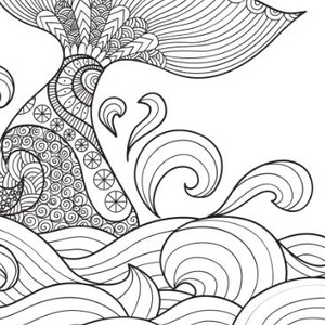 May include: Black and white illustration of a whale's tail emerging from stylized ocean waves. The whale's tail features intricate patterns and designs. The waves are depicted with swirling lines, creating a sense of movement and depth.