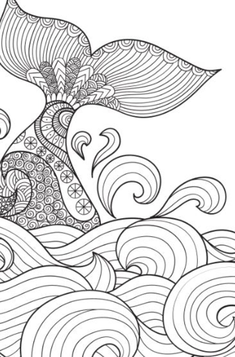 May include: Black and white illustration of a whale's tail emerging from stylized ocean waves. The whale's tail features intricate patterns and designs. The waves are depicted with swirling lines, creating a sense of movement and depth.