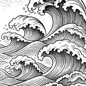 May include: Black and white illustration of ocean waves in a Japanese woodblock print style. The image features multiple waves with detailed linework, creating a dynamic and textured effect. The waves are depicted with crests of foam and swirling patterns.