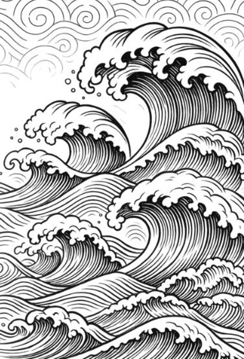 May include: Black and white illustration of ocean waves in a Japanese woodblock print style. The image features multiple waves with detailed linework, creating a dynamic and textured effect. The waves are depicted with crests of foam and swirling patterns.
