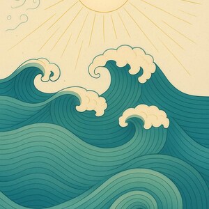May include: Illustration of ocean waves in shades of teal and blue, with white foam crests. A yellow sun with radiating lines is in the upper portion of the image. The artwork has a vintage, stylized aesthetic.