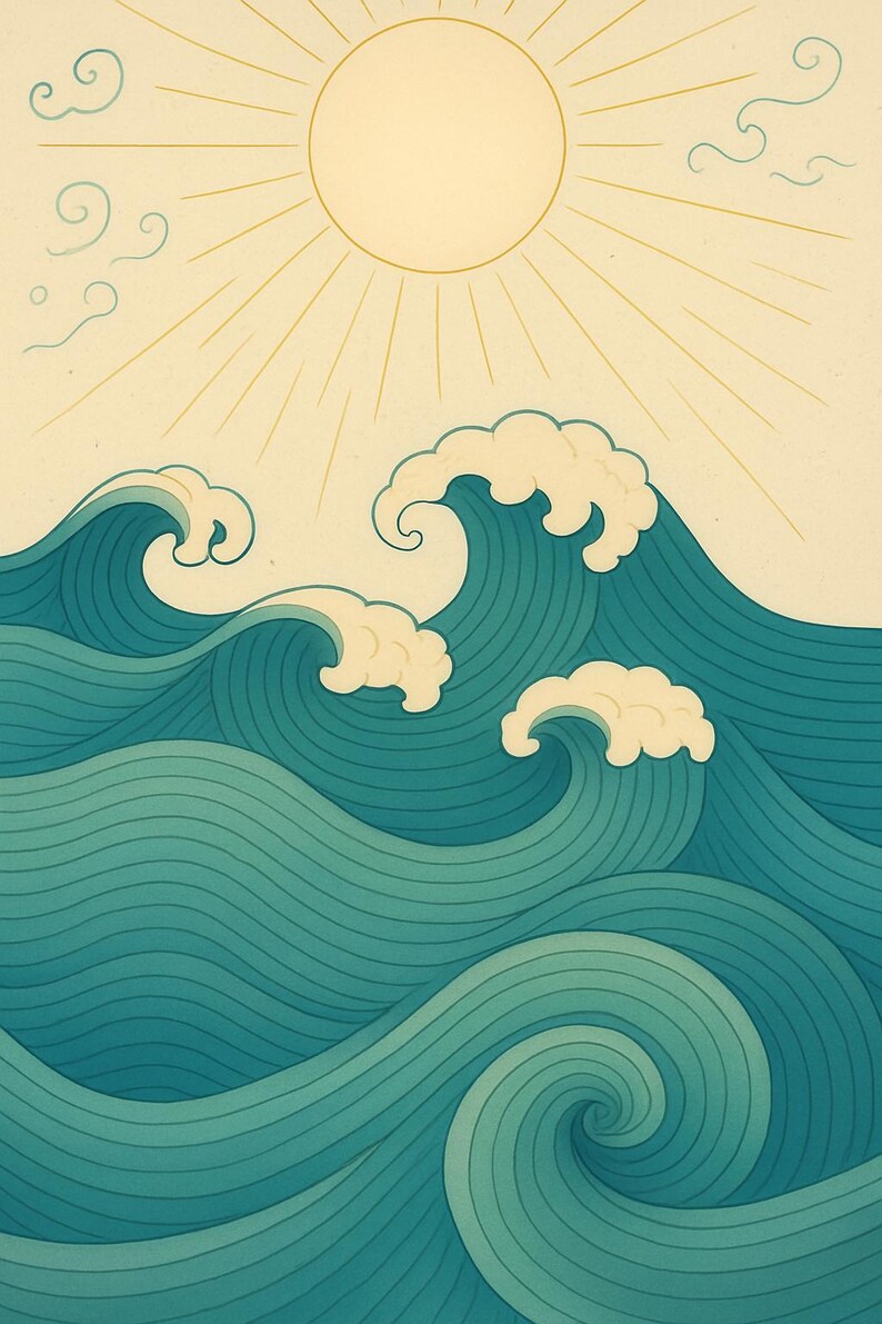 May include: Illustration of ocean waves in shades of teal and blue, with white foam crests. A yellow sun with radiating lines is in the upper portion of the image. The artwork has a vintage, stylized aesthetic.