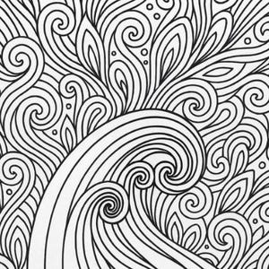 May include: Black and white line art illustration of a wave with swirling patterns. The image features a stylized depiction of a wave cresting, with intricate lines and curves creating a dynamic and textured effect. The design is suitable for coloring books or decorative art.