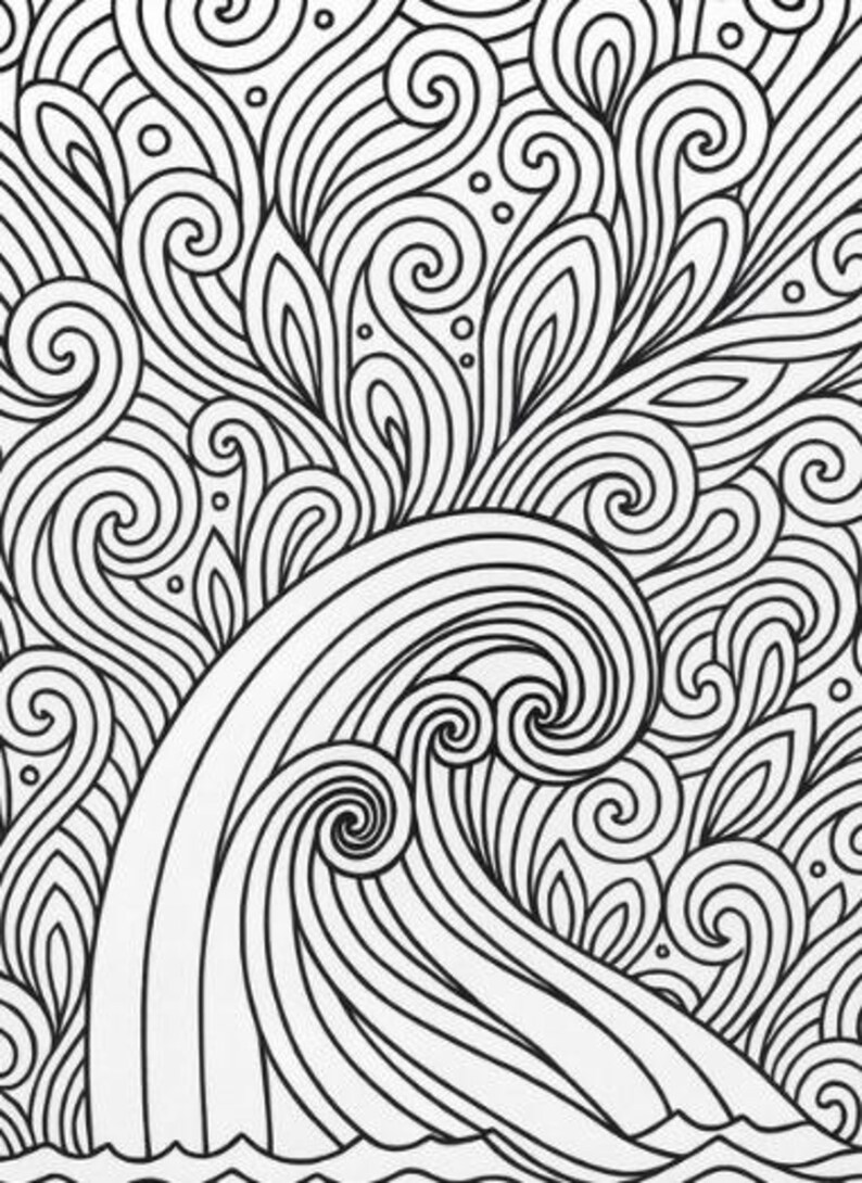 May include: Black and white line art illustration of a wave with swirling patterns. The image features a stylized depiction of a wave cresting, with intricate lines and curves creating a dynamic and textured effect. The design is suitable for coloring books or decorative art.