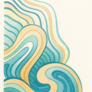 May include: Abstract watercolor painting featuring flowing, layered shapes in shades of blue, teal, and yellow against a cream background. The design evokes a sense of movement and fluidity, resembling waves or organic forms. The artwork is a modern, minimalist style.