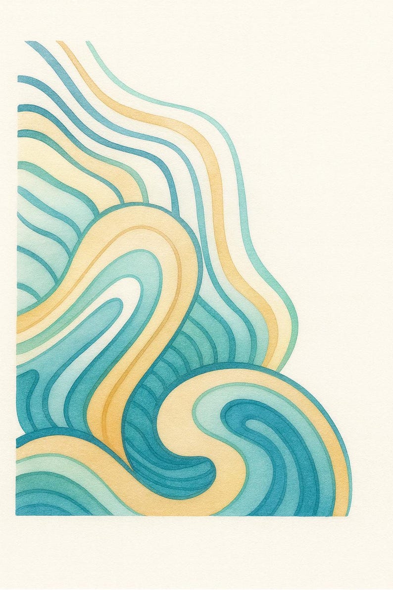 May include: Abstract watercolor painting featuring flowing, layered shapes in shades of blue, teal, and yellow against a cream background. The design evokes a sense of movement and fluidity, resembling waves or organic forms. The artwork is a modern, minimalist style.