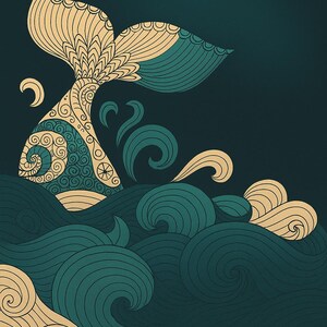 May include: An artistic illustration of a whale's tail emerging from stylized ocean waves. The tail is detailed with intricate patterns in shades of beige and teal, set against a dark teal background. The waves are a mix of teal and beige.