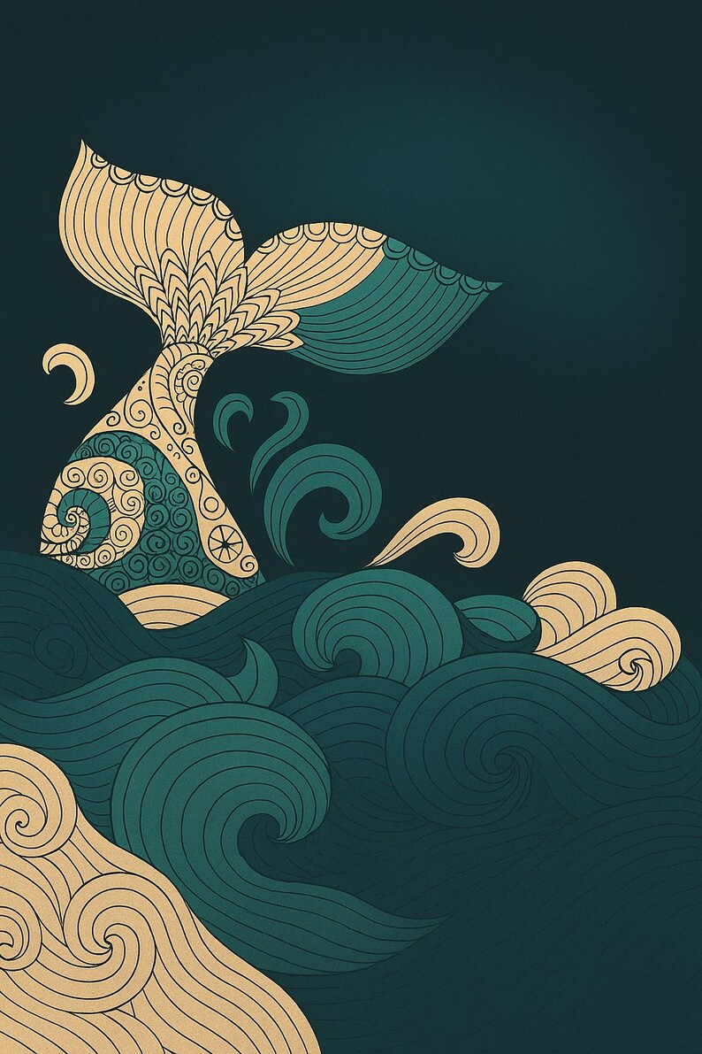 May include: An artistic illustration of a whale's tail emerging from stylized ocean waves. The tail is detailed with intricate patterns in shades of beige and teal, set against a dark teal background. The waves are a mix of teal and beige.