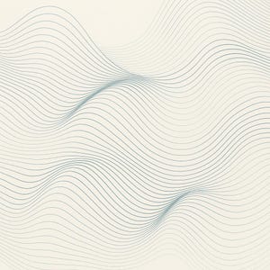 May include: Abstract graphic design featuring a repeating pattern of wavy, parallel lines in shades of blue-gray against a cream-colored background. The lines create a sense of depth and movement, resembling rolling hills or water waves.