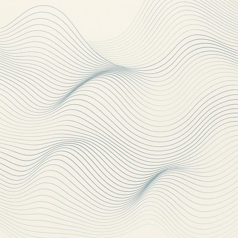 May include: Abstract graphic design featuring a repeating pattern of wavy, parallel lines in shades of blue-gray against a cream-colored background. The lines create a sense of depth and movement, resembling rolling hills or water waves.