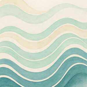 May include: Watercolor painting of flowing waves in shades of teal, turquoise, and beige. The wavy lines create a sense of movement and depth, with a light beige background. The artwork evokes a calming, coastal theme.