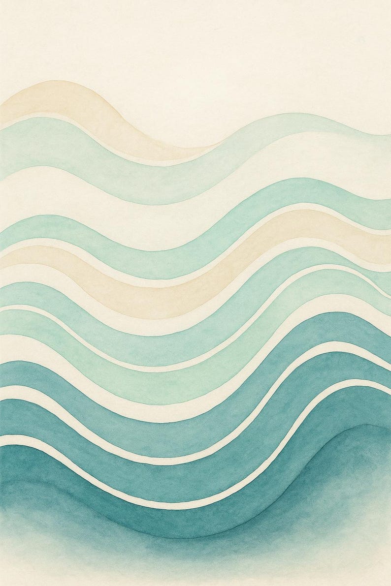 May include: Watercolor painting of flowing waves in shades of teal, turquoise, and beige. The wavy lines create a sense of movement and depth, with a light beige background. The artwork evokes a calming, coastal theme.