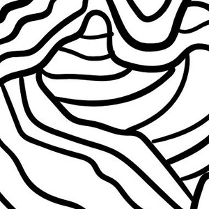 May include: Abstract black and white artwork featuring thick, curved lines. The design creates a sense of depth and movement, with the lines overlapping and flowing across the white background. The pattern is reminiscent of a topographical map or organic forms.