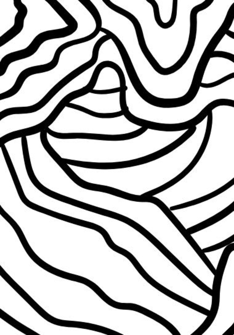May include: Abstract black and white artwork featuring thick, curved lines. The design creates a sense of depth and movement, with the lines overlapping and flowing across the white background. The pattern is reminiscent of a topographical map or organic forms.